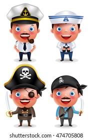 Ship captain, seafarer and pirates vector character set with uniform, holding sword and smiling isolated in white background. Vector illustration.

