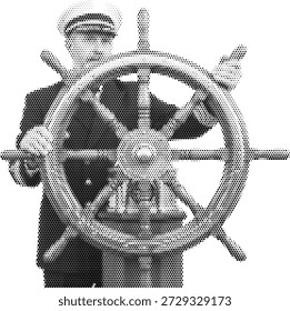 Schiffskapitän am Lenkrad im Halbtonduotonstil für nautische Reisedesigns