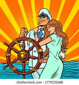 Ship captain in a white uniform with a beautiful woman. Comics caricature pop art retro illustration hand drawn