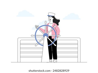 Ship captain woman. Young girl driving ship and yacht. Nautical trip and travel. Water transport in sea or ocean. Holiday and vacation. Linear vector illustration isolated on white background