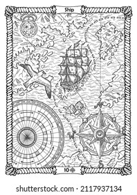 Ship card from the oracle Old Marine Lenormand deck with old sailboat and compass. Nautical vintage background, coloring book page, t-shirt and tattoo vector graphic, pirate adventures concept. 