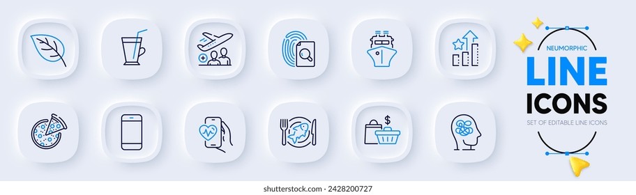 Iconos de línea Ship, Cardio training e Inspect para aplicación web. Paquete de Pizza, Marisco, Iconos de pictogramas de Smartphone. Ansiedad, Leaf, Señales de taza de café. Estrellas de clasificación, Bolsos de la venta, Pasajero. Vector
