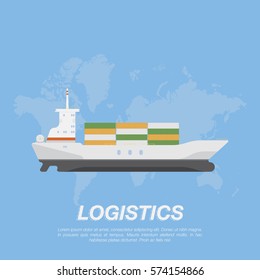 Ship with cargo containers in the background of the world map. Logistic concept flat vector illustration for business.