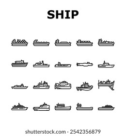 ship cargo maritime navigation icons set vector. deck hull, port starboard, stern bow, keel mast, sail captain, crew, voyage, dock ship cargo maritime navigation black contour illustrations