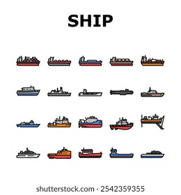 ship cargo maritime navigation icons set vector. deck hull, port starboard, stern bow, keel mast, sail captain, crew, voyage, dock ship cargo maritime navigation color line illustrations