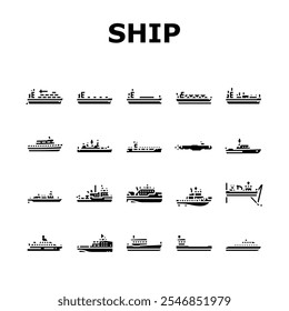 navio carga ícones de navegação marítima definir vetor. casco do convés, bombordo estibordo, proa da popa, mastro da quilha, capitão de vela, tripulação, viagem, doca navio carga navegação marítima glifo pictograma Ilustrações