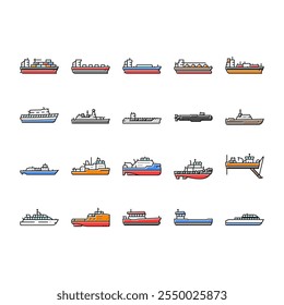 ship cargo maritime navigation icons set vector. deck hull, port starboard, stern bow, keel mast, sail captain, crew, voyage, dock ship cargo maritime navigation color line illustrations