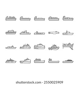 ship cargo maritime navigation icons set vector. deck hull, port starboard, stern bow, keel mast, sail captain, crew, voyage, dock ship cargo maritime navigation black contour illustrations