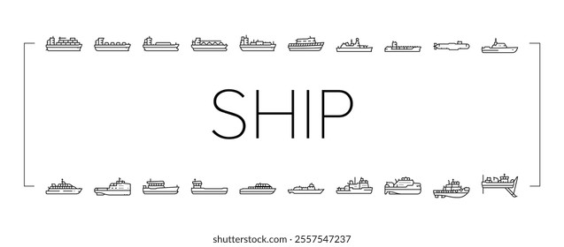 ship cargo maritime navigation icons set vector. deck hull, port starboard, stern bow, keel mast, sail captain, crew, voyage, dock ship cargo maritime navigation black contour illustrations