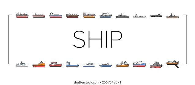 ship cargo maritime navigation icons set vector. deck hull, port starboard, stern bow, keel mast, sail captain, crew, voyage, dock ship cargo maritime navigation color line illustrations