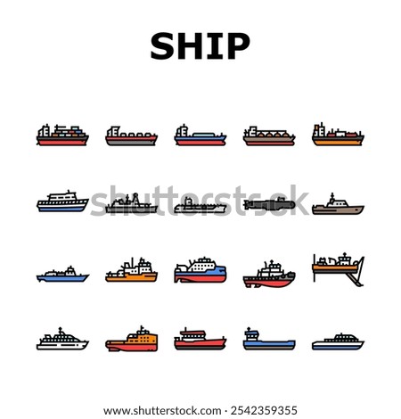 ship cargo maritime navigation icons set vector. deck hull, port starboard, stern bow, keel mast, sail captain, crew, voyage, dock ship cargo maritime navigation color line illustrations