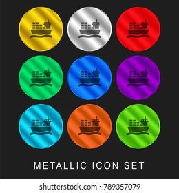 Ship with cargo on sea 9 color metallic chromium icon or logo set including gold and silver