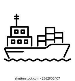 A ship carrying boxes, symbolizing cargo shipping, international trade, and logistics round line vector icon with editable stroke