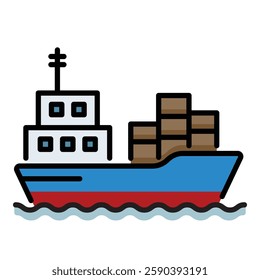 A ship carrying boxes, symbolizing cargo shipping, international trade, and logistics round line vector icon with editable stroke