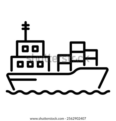 A ship carrying boxes, symbolizing cargo shipping, international trade, and logistics round line vector icon with editable stroke