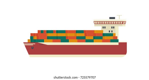 The ship is carrying containers. Trans shipping flat vector design.