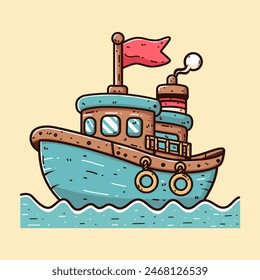 Ship cartoon with red flag in colored style.