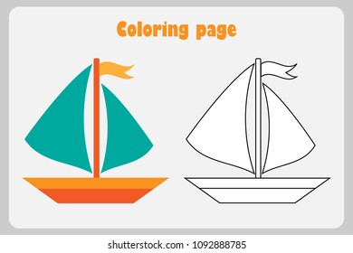Ship in cartoon style, coloring page, education paper game for the development of children, kids preschool activity, printable worksheet, vector illustration