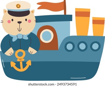 Ship With Cat Captain Vector Illustration