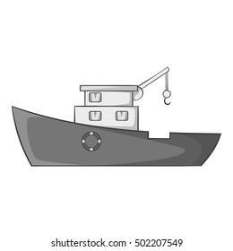 Ship for catching fish icon. Gray monochrome illustration of ship for catching fish vector icon for web