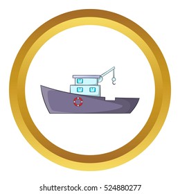 Ship for catching fish vector icon in golden circle, cartoon style isolated on white background