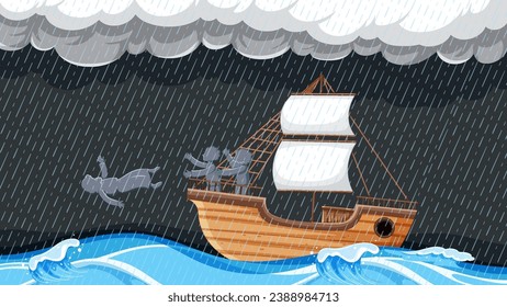 Ship caught in storm, Jonah thrown overboard