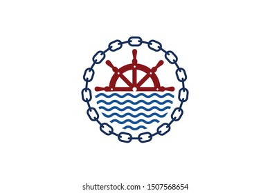 Ship Chain and Boat Helm Steering Wheel on The Wave Water Ocean Logo Symbol