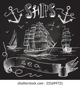 Ship chalkboard poster with sea birds anchors and sailing elements vector illustration.
