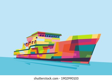 Ship circling the vast ocean. Ship in wpap art style. vector illustration gooding for wall decoration. Eps file
