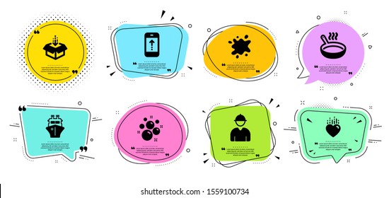 Ship, Clean bubbles and Get box line icons set. Chat bubbles with quotes. Frying pan, Dirty spot and Engineer signs. Swipe up, Heart symbols. Shipping watercraft, Laundry shampoo. Business set. Vector