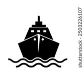 Ship clipart isolate, Black Cruise Ship Icon. Ocean Vessel Icon in Front View, Cargo Boat Icon. Marine Sign for Freight and Travel, ship line symbol, boat and vessels for sea travel and transportation