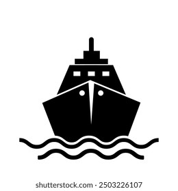 Aislado del Clipart de la nave, icono negro de la nave de crucero. Icono de barco oceánico en vista frontal, icono de barco de carga. Señal marina para el transporte de mercancías y viajes, símbolo de la línea de barco, barco y buques para el transporte marítimo y el transporte