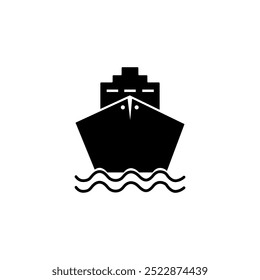 Aislado del Clipart de la nave, icono negro de la nave de crucero. Icono de barco oceánico en vista frontal, icono de barco de carga. Señal marina para el transporte de mercancías y viajes, símbolo de la línea de barco, barco y buques para el transporte marítimo y el transporte