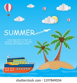 ship and coconut tree with sea in summer time. view of the blue on background Design. plane travel around the world concept. paper art, vector, illustration, banner, Card, Poster