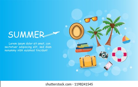 Ship And Coconut Tree With Sea In Summer Time. View Of The Blue Bokeh On Background Design. Plane Travel Accessories Around The World Concept. Paper Art, Vector, Illustration, Banner, Card, Poster