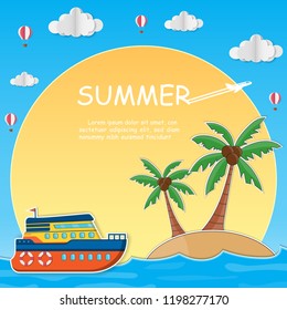 ship and coconut tree with sea in summer time. view of the blue on background Design. plane travel around the world concept. paper art, vector, illustration, banner, Card, Poster