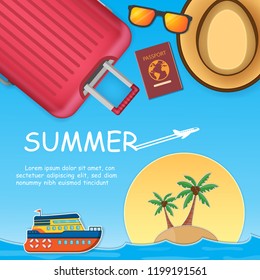 ship and coconut tree with sea in summer time. view of the blue on background Design. plane travel accessories around the world concept. paper art, vector, illustration, banner, Card, Poster