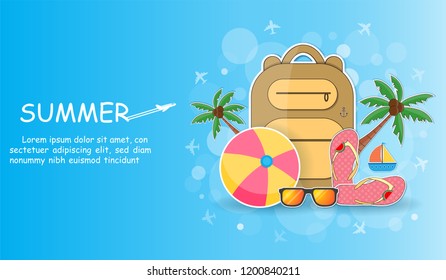 Ship And Coconut Tree With Sea In Summer Time. View Of The Blue Bokeh On Background Design. Plane Travel Accessories Around The World Concept. Paper Art, Vector, Illustration, Banner, Card, Poster