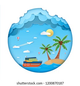 ship and coconut tree with sea in summer time. view of the blue on background Design. plane travel around the world concept. paper art, vector, illustration, banner, Card, Poster