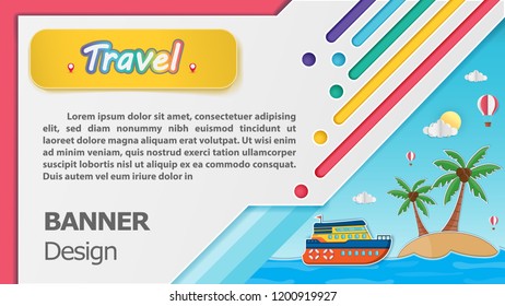 ship and coconut tree with sea in summer time. view of the blue on background Design. travel around the world concept. paper art, vector, illustration, banner, Card, Poster