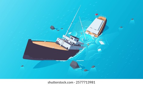 Ship collision with yacht in blue ocean waters. Vector illustration