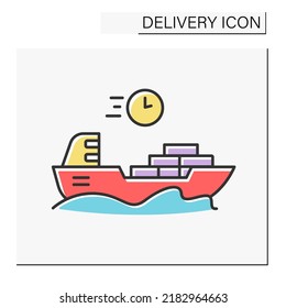 Ship color icon. Vessel of considerable size for deep-water navigation. Delivery concept. Isolated vector illustration. Editable stroke