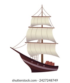 Ship of colorful set. The cartoon design of this illustration bursts with color and energy, showcasing a delightful ship with sails in a colorful style. Vector illustration.