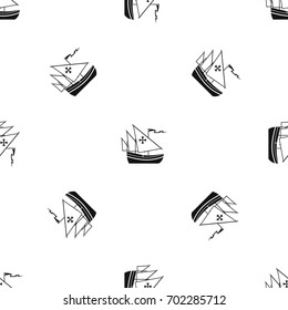 Ship of Columbus pattern repeat seamless in black color for any design. Vector geometric illustration