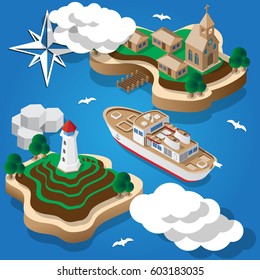 The ship comes to fishing. Isometric. Vector illustration.