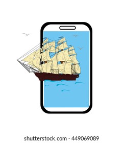 Ship comes up from the telephone. concept of modern technology features. vector illustration.