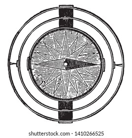 Schiffskompass für Navigation und Orientierung, der die Richtung in Bezug auf die geografischen Kardinalrichtungen, die Vintage-Linienzeichnung oder Graviergrafik zeigt.