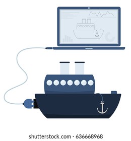 Ship connected to a laptop through a usb cable. Outline of the ship and graphs being shown on the computer monitor. Flat design. Isolated.