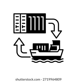 Schiff und Container mit entgegengesetzten Pfeilen, die aufeinander zeigen Symbol schwarze Füllung Stil auf isoliertem weißem Hintergrund
