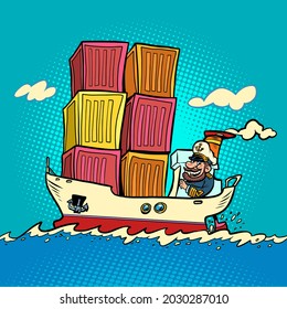 Ship Container Shipping, Captain Sailor Comic Character. Cargo Transport